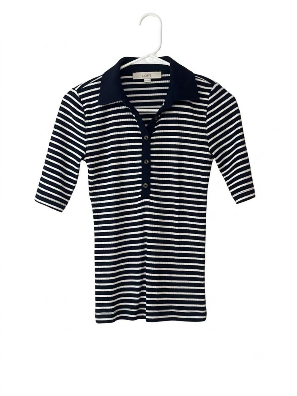 LOFT Women’s Navy White Striped Ribbed Polo Shirt Elbow Sleeve Size [